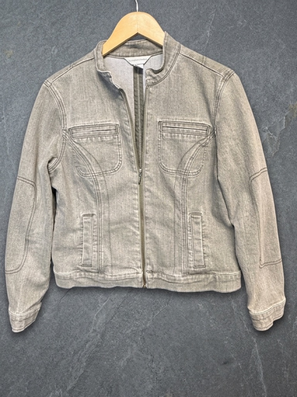 Christopher & Banks Gray Wash Denim Jacket Medium Full Zip Moto Utility Y2K